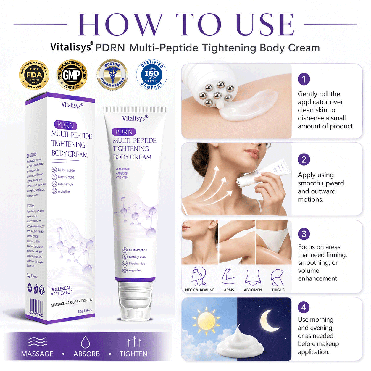 Vitalisys®🔥PDRN Multi-Peptide Massaging Body Roller Cream- Anti-aging, Hydrating, Skin Firming & Lifting, Skin Repair, Even Tone, Acne and Dark Spot Treatment, Wart and Mole Removal, and Psoriasis Relief