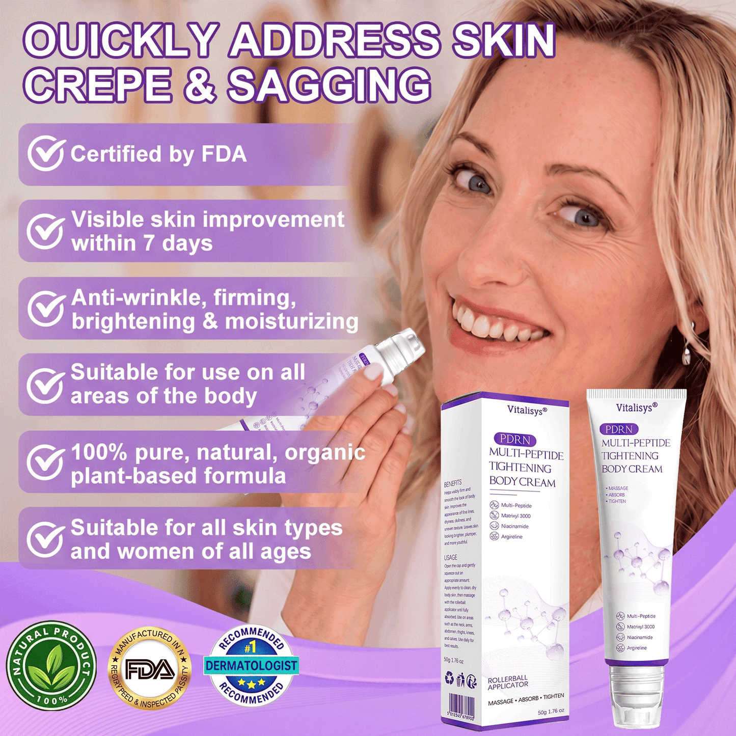 Vitalisys®🔥PDRN Multi-Peptide Massaging Body Roller Cream- Anti-aging, Hydrating, Skin Firming & Lifting, Skin Repair, Even Tone, Acne and Dark Spot Treatment, Wart and Mole Removal, and Psoriasis Relief