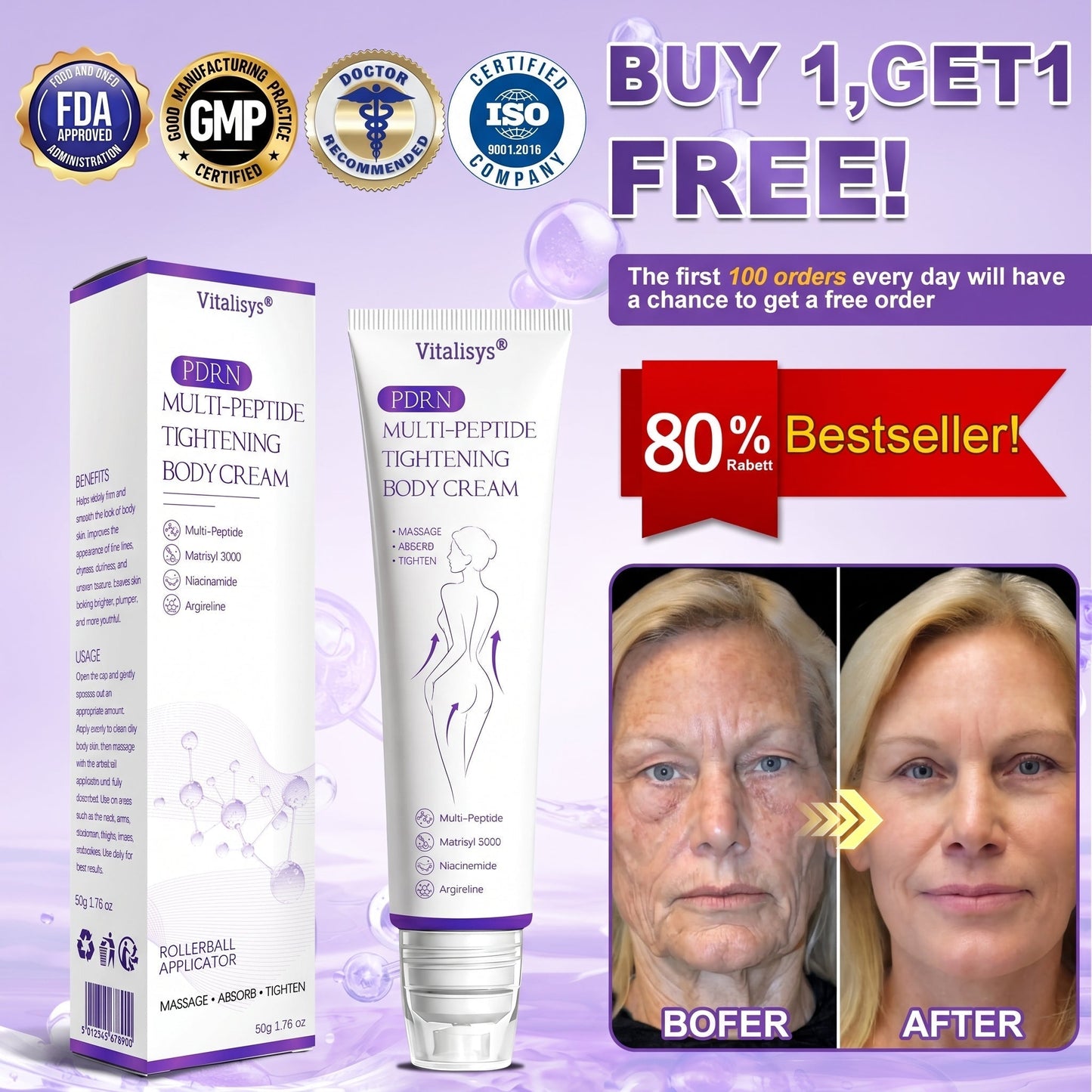 💎FDA Official: Vitalisys® PDRN Multi-Peptide Massaging Body Roller Cream- Anti-aging, Hydrating, Skin Firming & Lifting, Skin Repair, Even Tone, Acne and Dark Spot Treatment, Wart and Mole Removal, and Psoriasis Relief.
