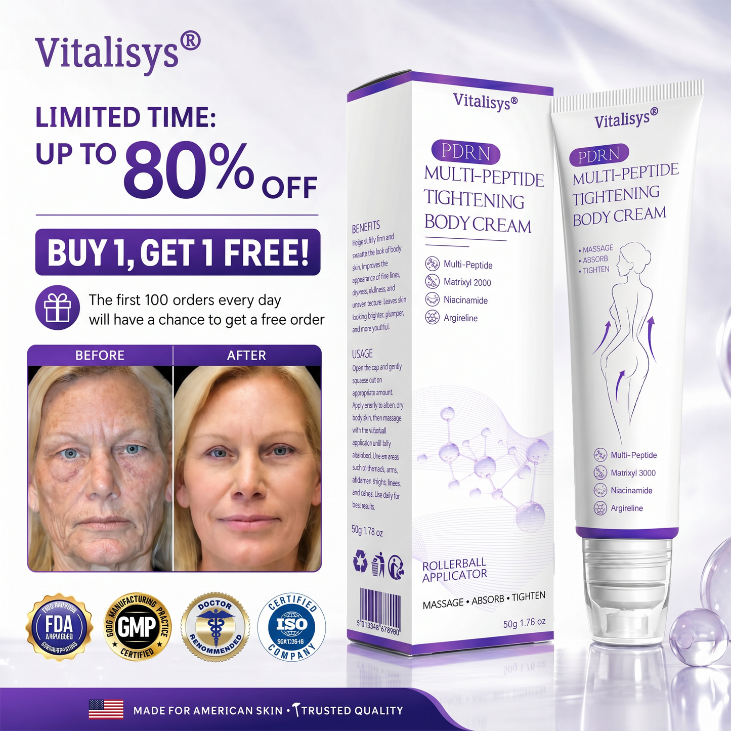 💎FDA Official: Vitalisys® PDRN Multi-Peptide Massaging Body Roller Cream- Anti-aging, Hydrating, Skin Firming & Lifting, Skin Repair, Even Tone, Acne and Dark Spot Treatment, Wart and Mole Removal, and Psoriasis Relief.